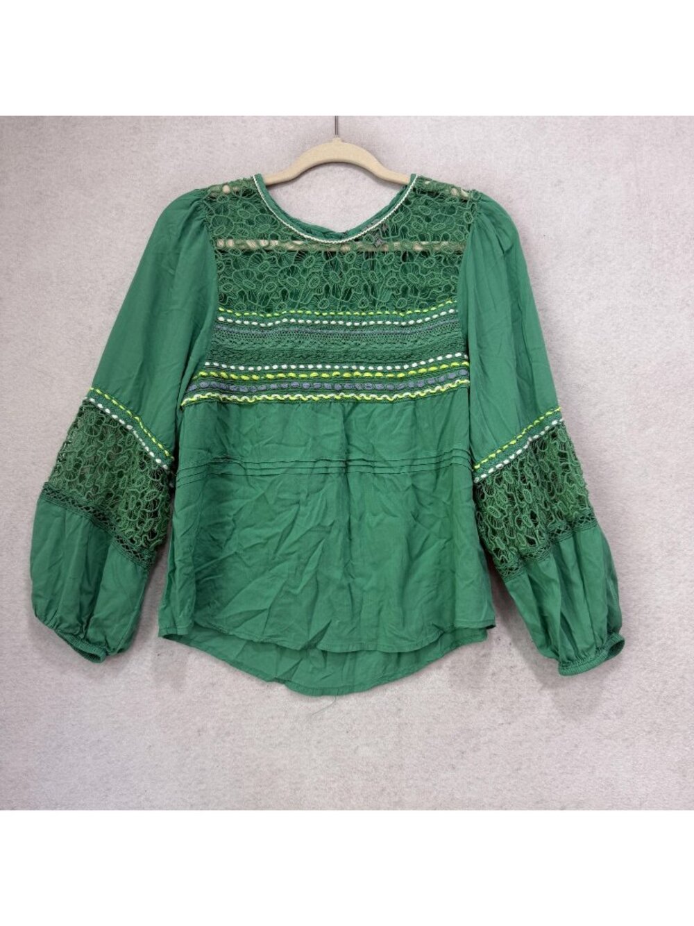 Blank London Blouse Womens Medium Green Embroidered Lace Balloon Sleeve Boho